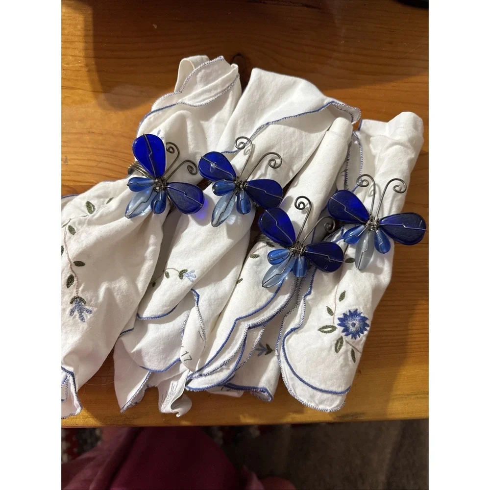 Vintage Cloth Napkins And Butterfly Napkin Holders Blue Glass Wire